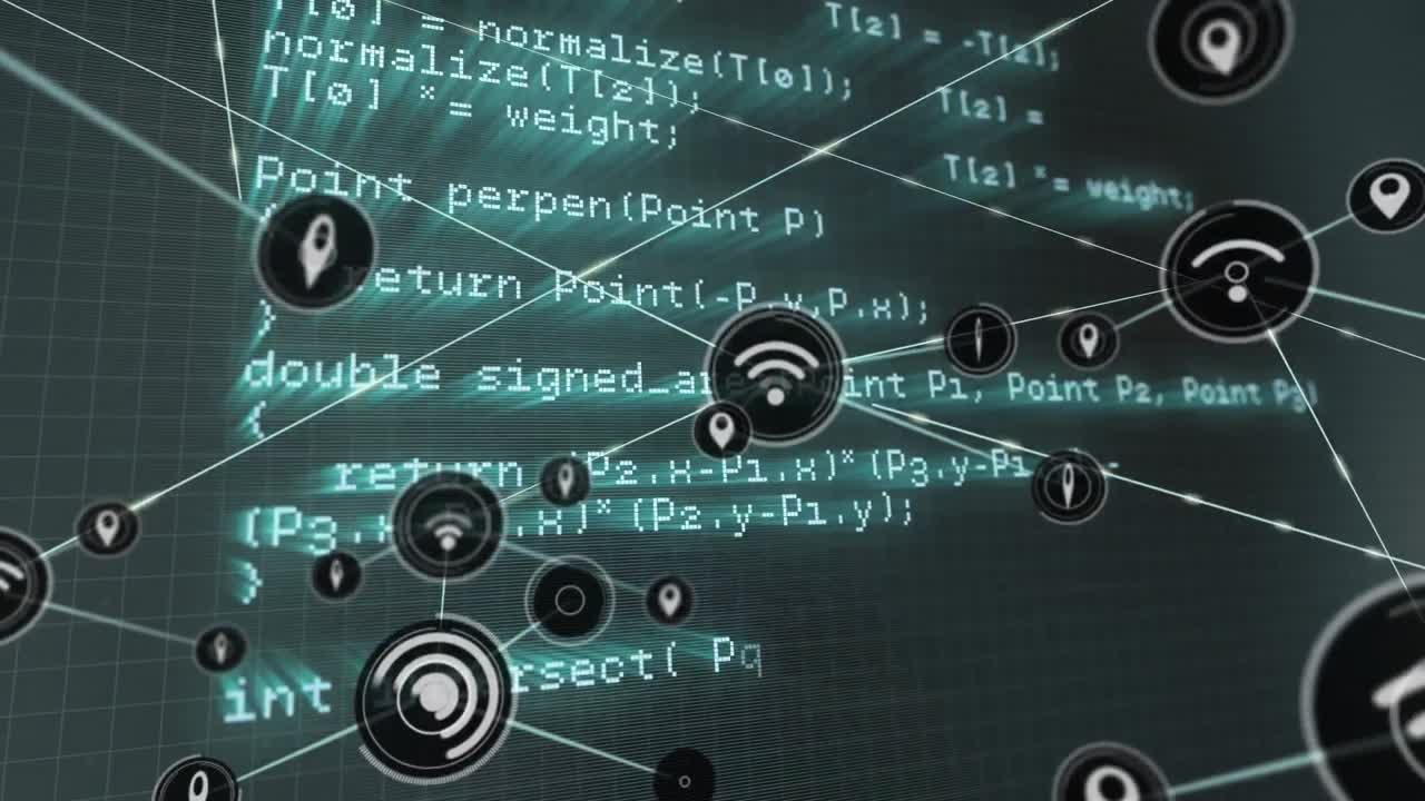 animação de ícones conectados sobre linguagem de computador em loop contra fundo cinza