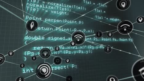 Animation of connected icons over looping computer language against gray background