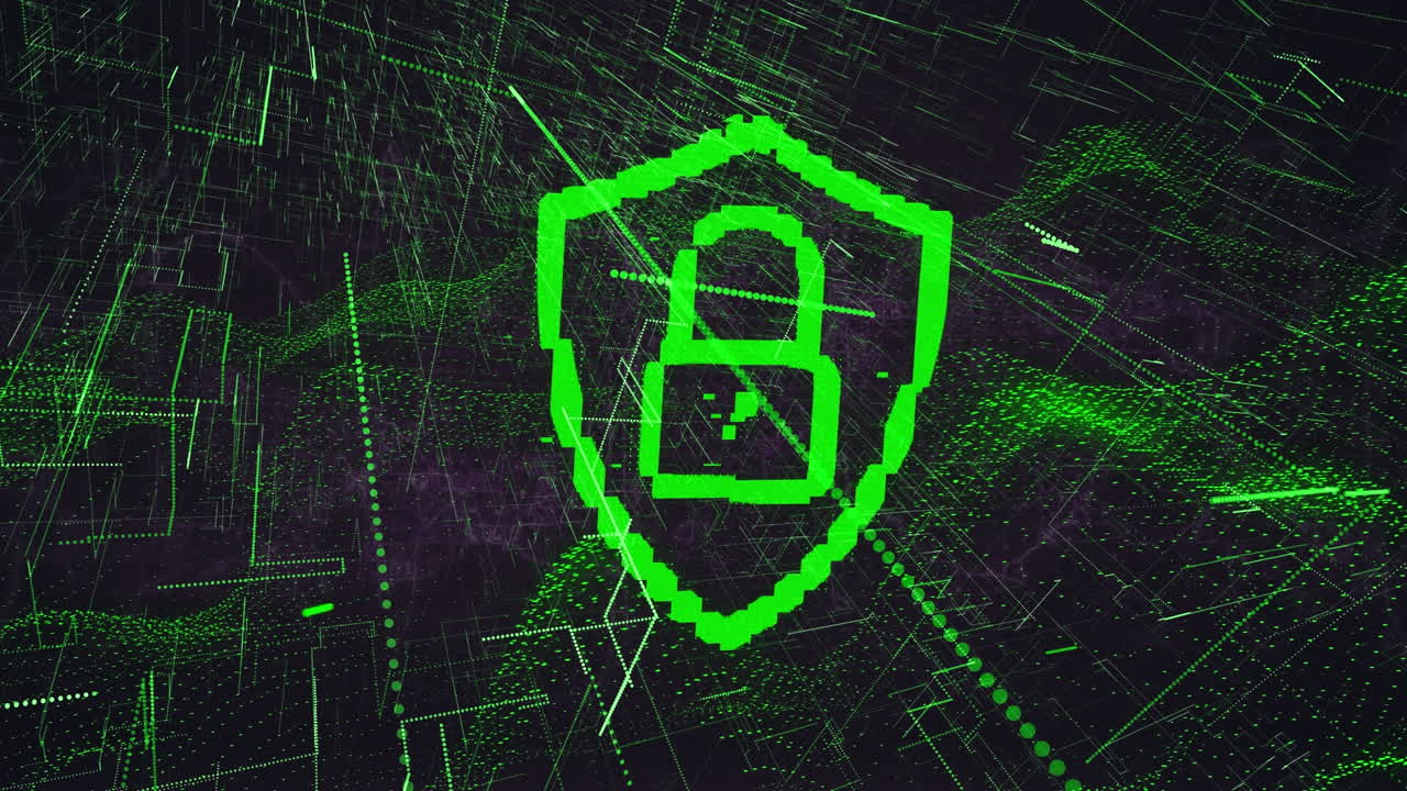 icono de candado de seguridad, red de conexiones y ondas digitales contra fondo negro