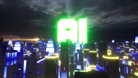 Metaverse,-Sci-fi,-futuristic-city,-with-bright-colorful-neon-lights-at-dawn-time,-with-clouds-on-the-sky,-and-AI-huge-letters-glowing-at-the-back,-3D-animation-camera-doly-forward