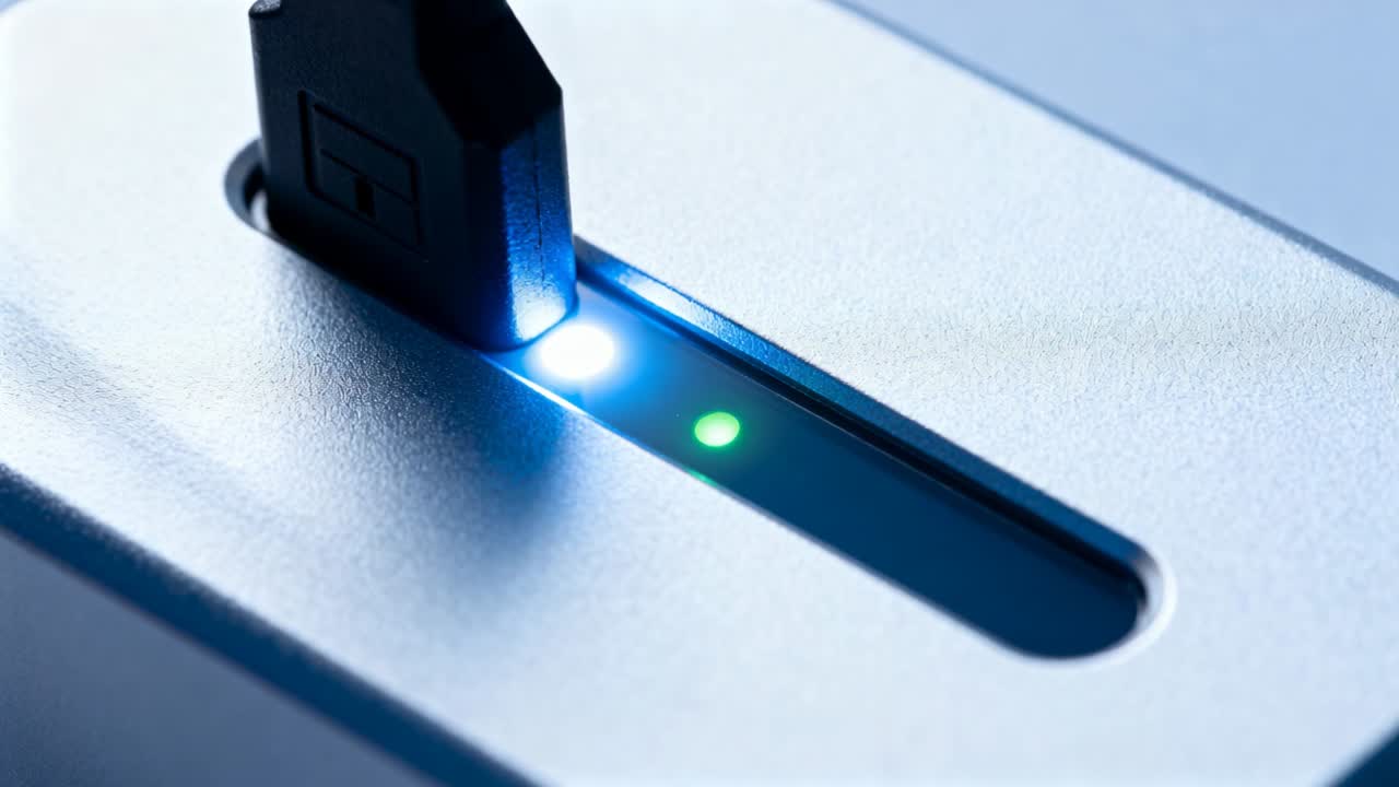 Showing black plug pulsing blue LED while green LED staying lit after connection in metallic dock