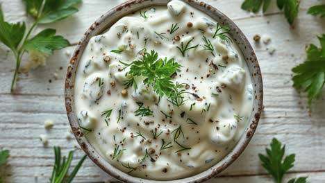 Keramikschale-Mit-Sauerrahm-Dip-Sauce-Mit-Frischen-Kräutern