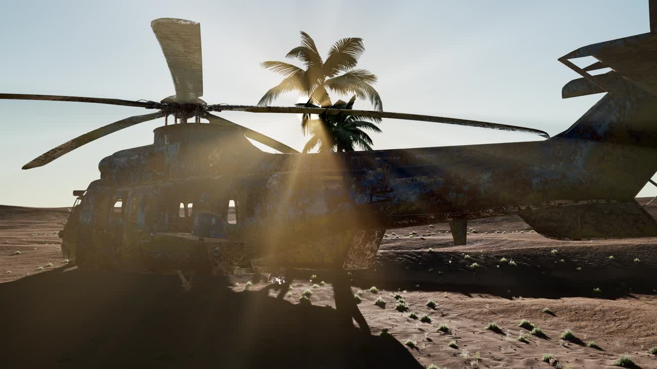 vecchio elicottero militare arrugginito nel deserto al tramonto
