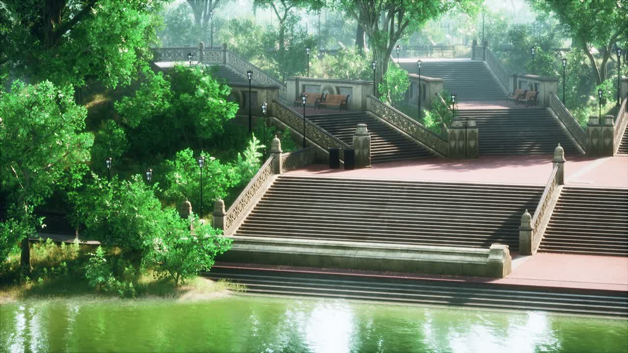 ⁇ 빛 속 의 울창 한 초록색 숲 공원 으로 둘러싸인 평화로운 연못