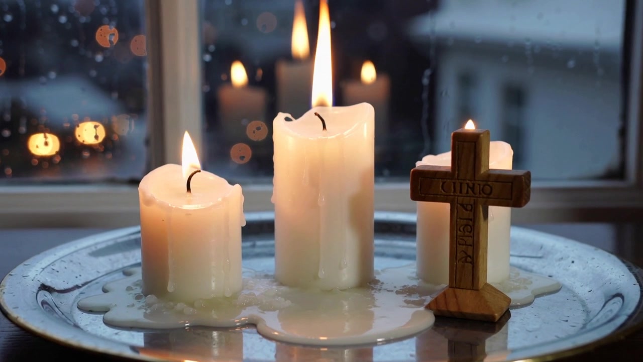 Primo piano di tre candele a pilastro accese sul davanzale, che mostrano la cera che si accumula su un vassoio con una croce di legno