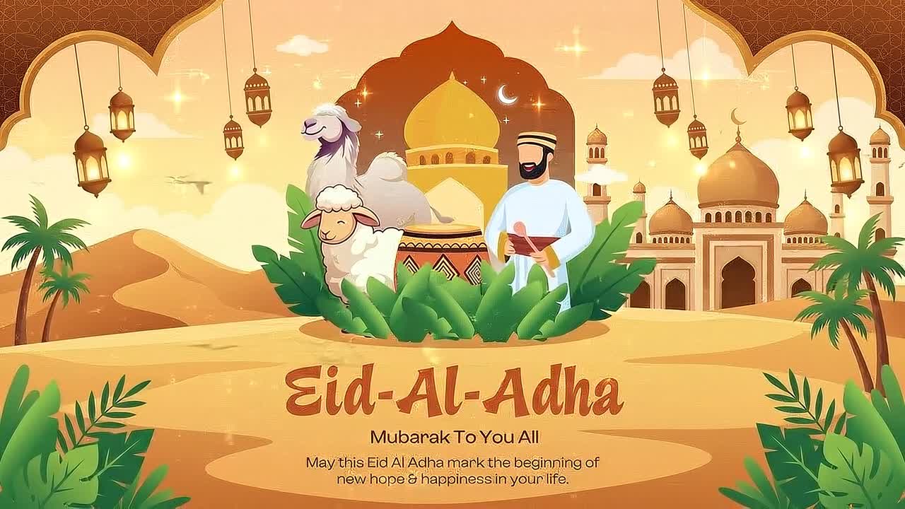Animazione banner di auguri per Eid al-Adha con cammelli, pecore, cupole di moschea, lanterne e illustrazioni celebrative a tema deserto