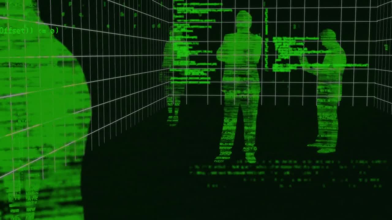 silueta de personas de negocios y códigos de programas