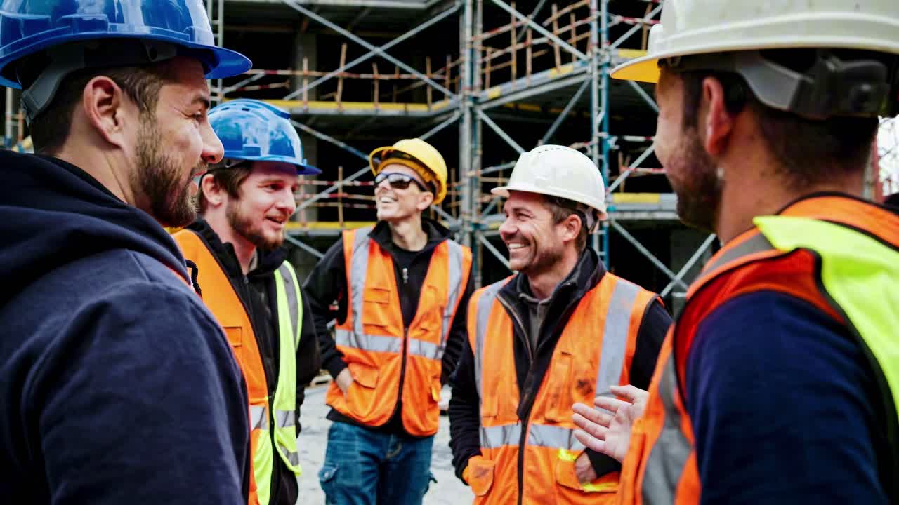 Group of construction workers in safety gear chatting and smiling