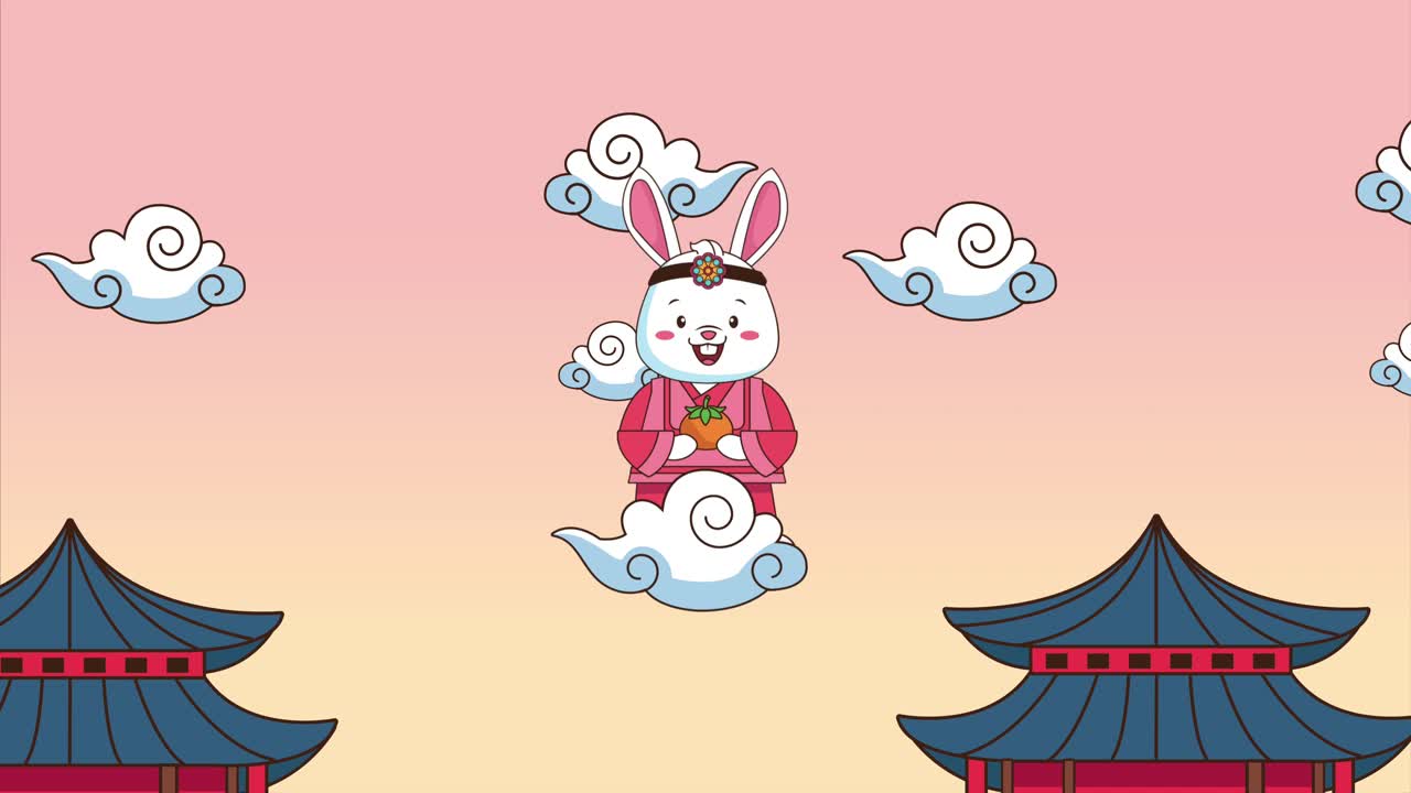 felice celebrazione di chuseok con case cinesi e conigli in nuvola