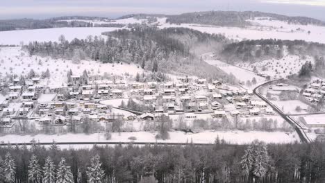 smooth winter pullback drone shot from a line of snow covered bare trees with a wide view at a dreamy winter city with white hills in the background