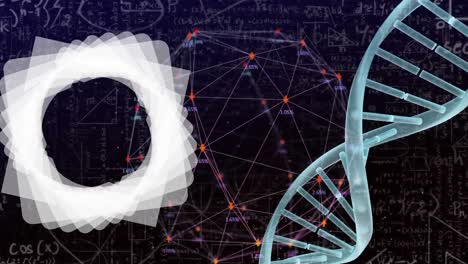 animation of networks of connections, mathematical equations and dna strand over black background