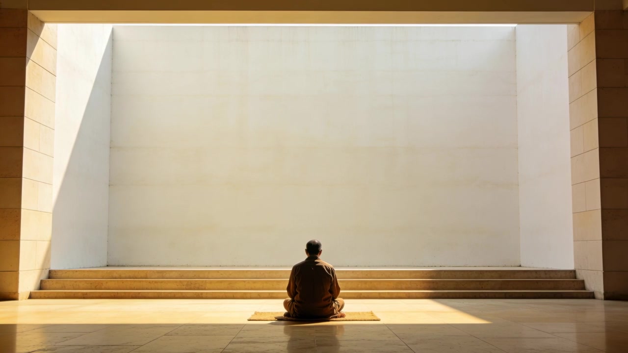 Meditante maschio seduto che indossa una veste su un tappetino accanto a una parete bianca e a dei gradini, con la luce del sole che cambia