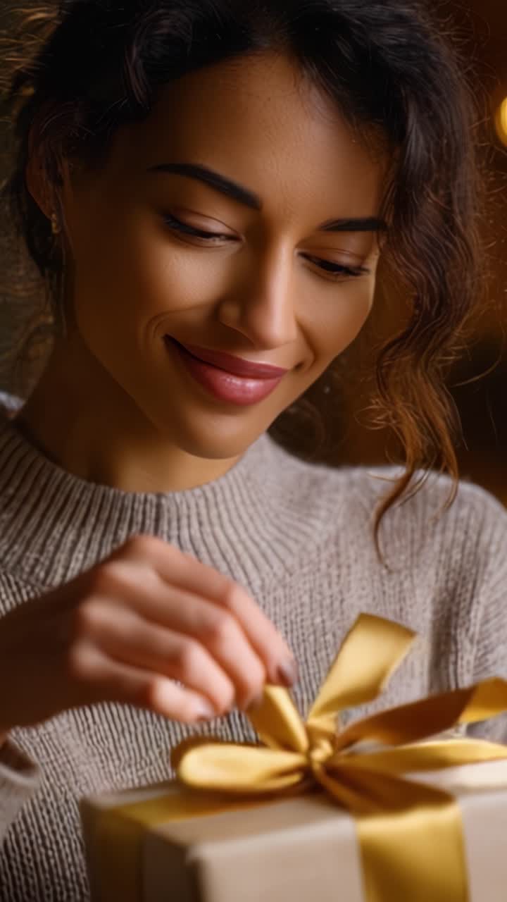 Un momento gioioso: scartare un regalo con anticipazione e felicità, catturando l'intrigante espressione di delizia e sorpresa in un ambiente caldo e accogliente.