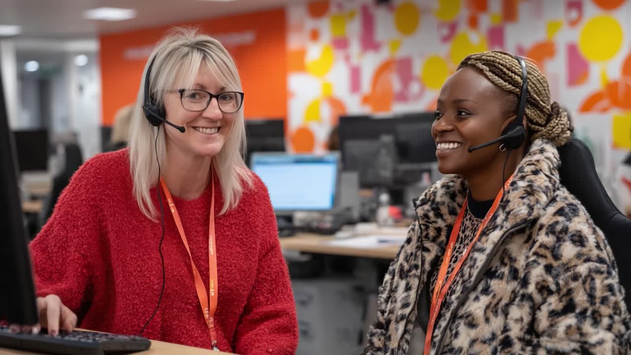 Engaging Interaction Between Colleagues in a Vibrant Office Environment with Headsets and Laughter, Showcasing Team Spirit and Collaboration