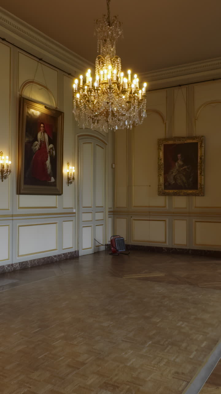 Grand Hall Interior with Chandelier and Portraits