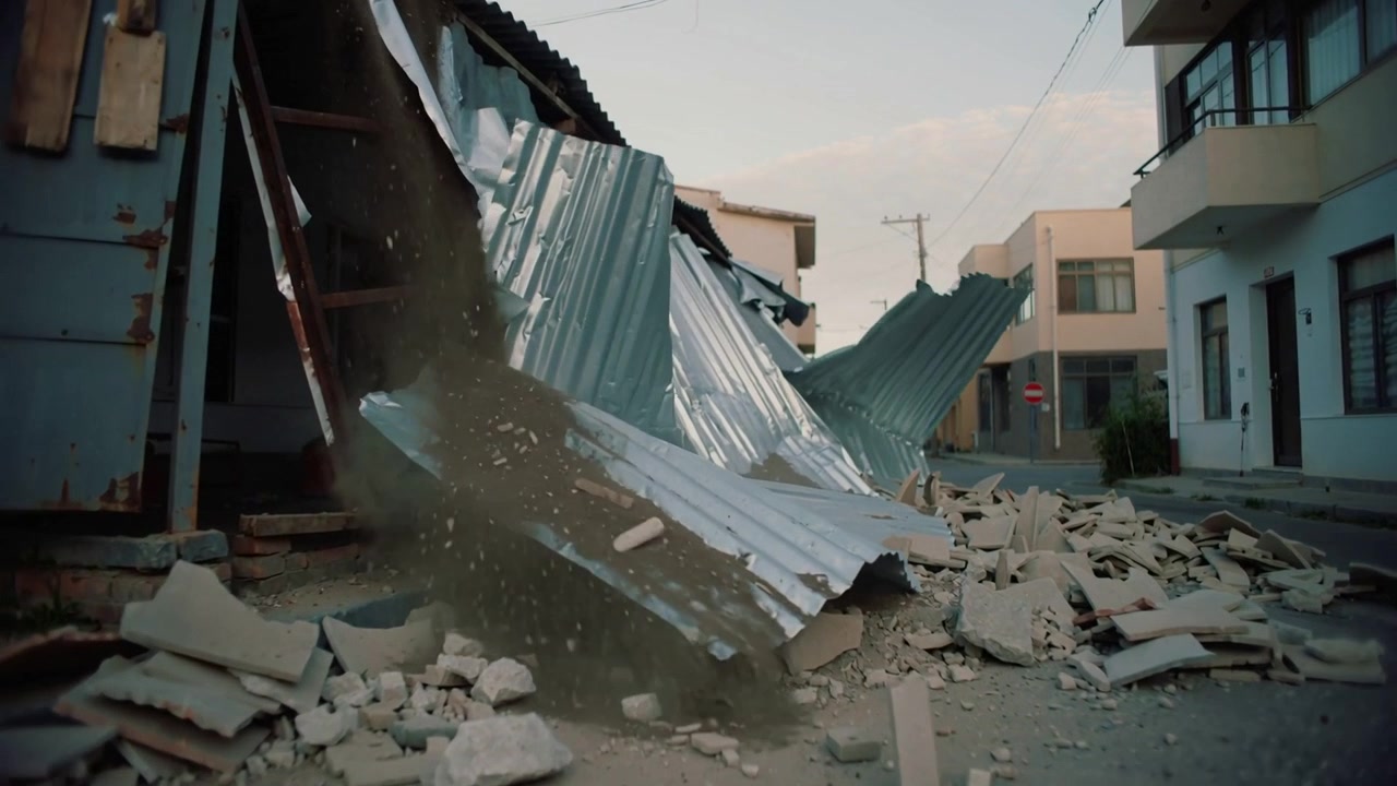 Collapsing corrugated metal folding into narrow street after beam failure shedding rubble and dust