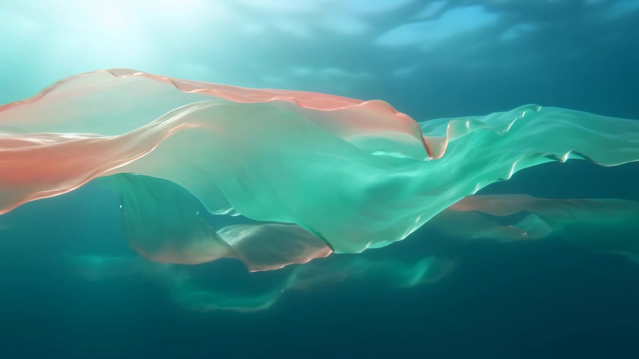 Fogli di tessuto pastello traslucido stratificati su uno sfondo verde acqua intenso con morbide creste, pieghe fluide, sottili riflessi di luce e un contrasto sfumato e calmo in una composizione panoramica
