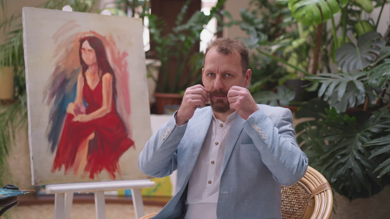 의자 위에 앉아 있는 남자가 수염을 고정시니다. 화가는 스튜디오에서 그림을 그리는 과정의 몰입감 넘치는 경험에 개인적인 보살의 순간을 원활하게 통합합니다.