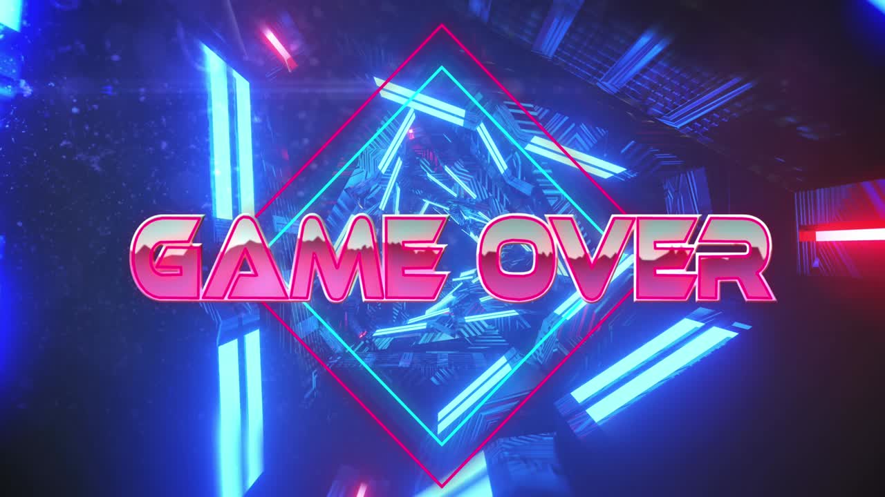 움직이는 디지털 터널을 통해 텍스트 위에 게임의 애니메이션