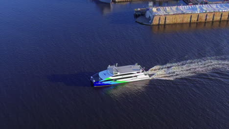 The-San-Francisco-to-Alameda-ferry-as-it-pulls-out-of-the-Port-of-Oakland---aerial-view