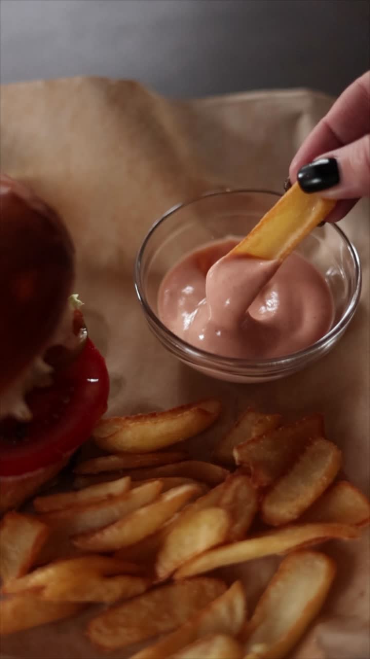 y papas fritas con hamburguesa de salsa