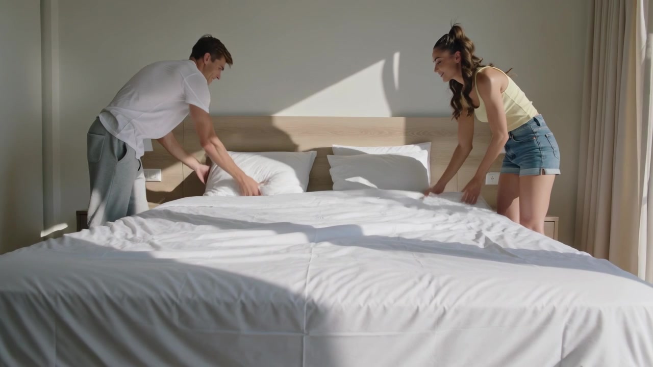 Pareja entrando haciendo la cama en un dormitorio soleado, ahuecando almohadas, alisando la sábana para el día, con camiseta blanca.