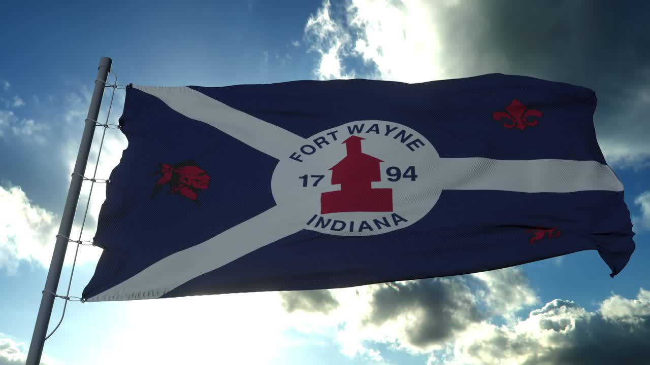 Fort Wayne city flag, city of Indiana in USA or United States of America, waving at wind in blue sky