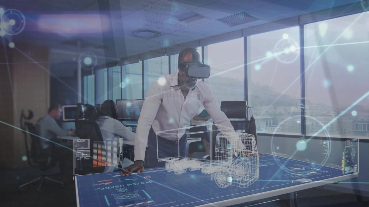 Automotive engineer placing hand on table rotating and inspecting holographic truck model