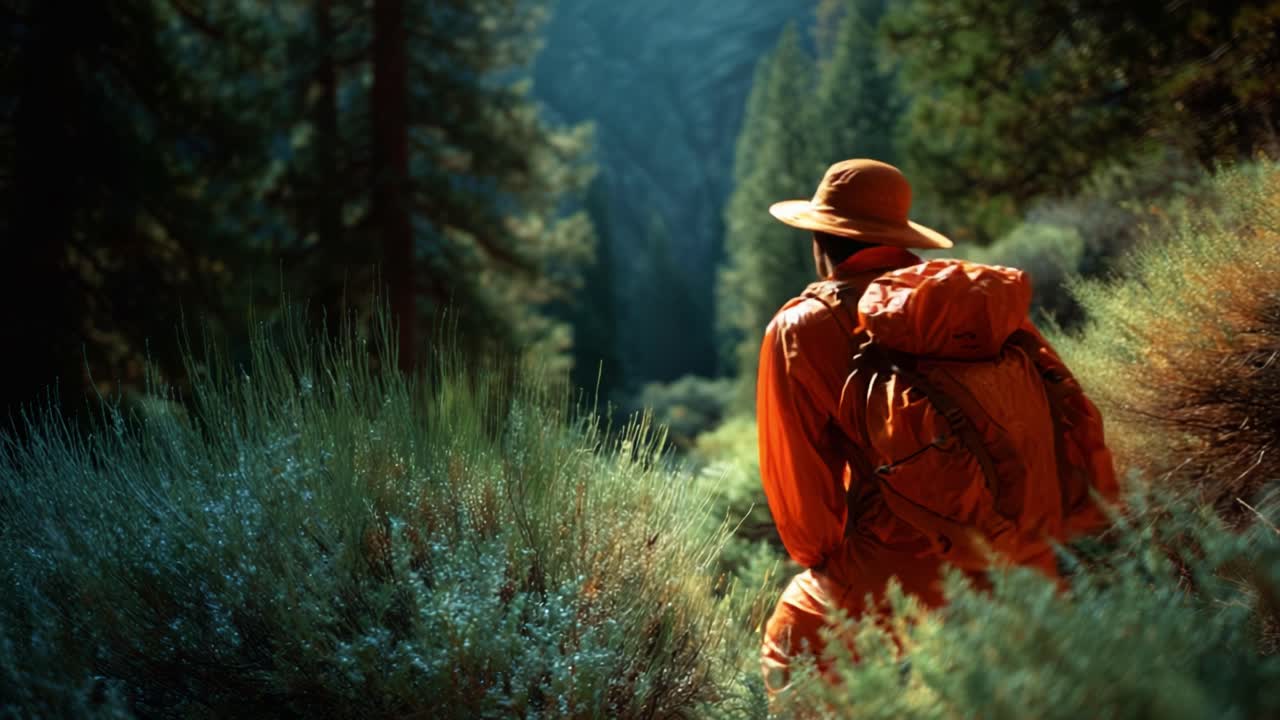 A Solo Adventurer in a Vibrant Orange Outfit Enjoys the Scenic Beauty of Nature, Surrounded by Lush Greenery and Sunlight Glowing Through Tall Trees in a Serene Wilderness Landscape