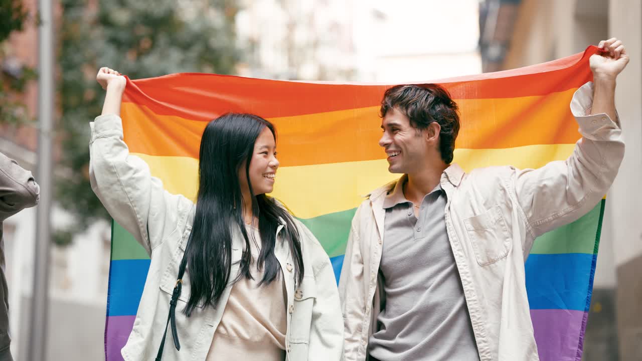 Couple Celebrating Pride with Rainbow Flag