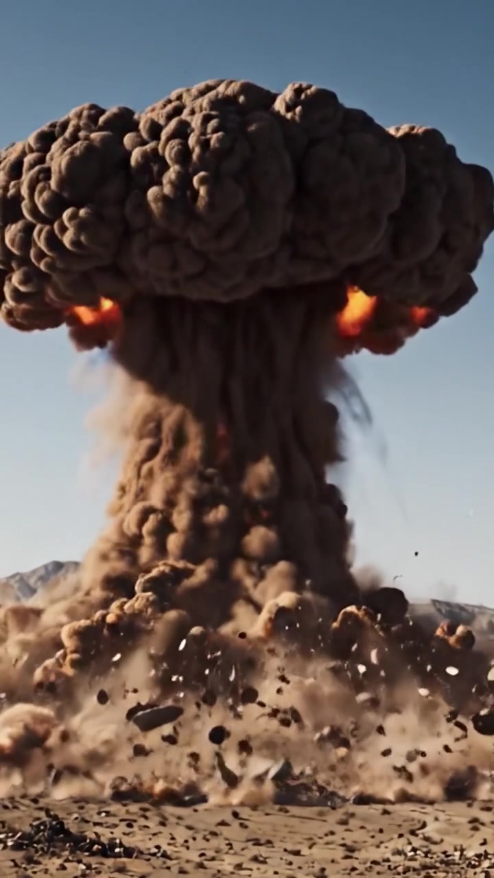 Eine dramatische Abfolge einer explosiven Detonation und der anschließenden Pilzwolkenbildung, die die Intensität einer explosiven Reaktion in einer Wüstenlandschaft einfängt.