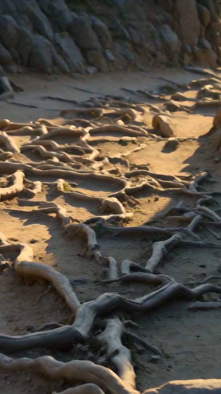 Video verticale: Telecamera a panoramica lenta che rivela radici esposte su una base di roccia sabbiosa, mostrando un bagliore caldo