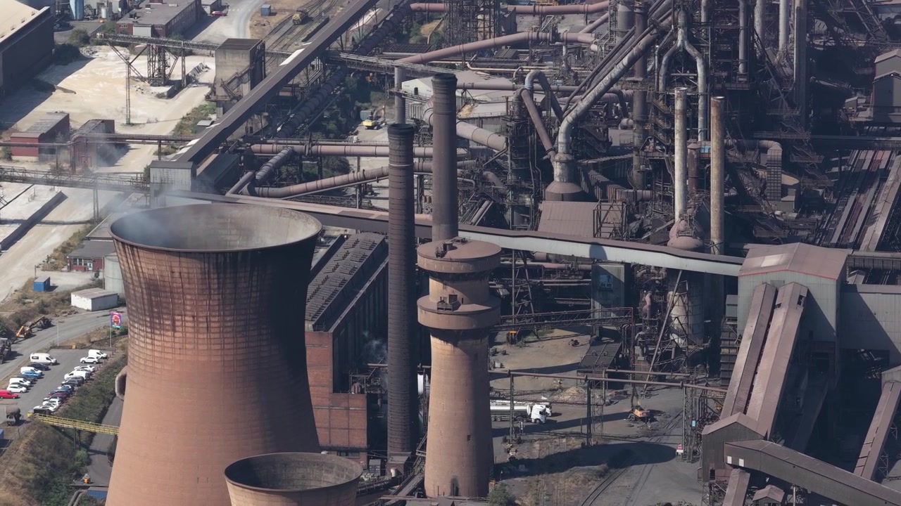 Aerial view of Scunthorpe Steelworks in North Lincolnshire, showing blast furnaces, heavy industry and large-scale primary steel production.