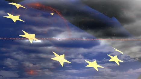 animation of financial graphs over flag of european union and clouds