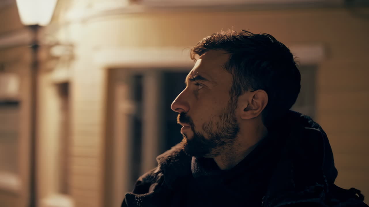 Man Walking Down Snowy Street at Night