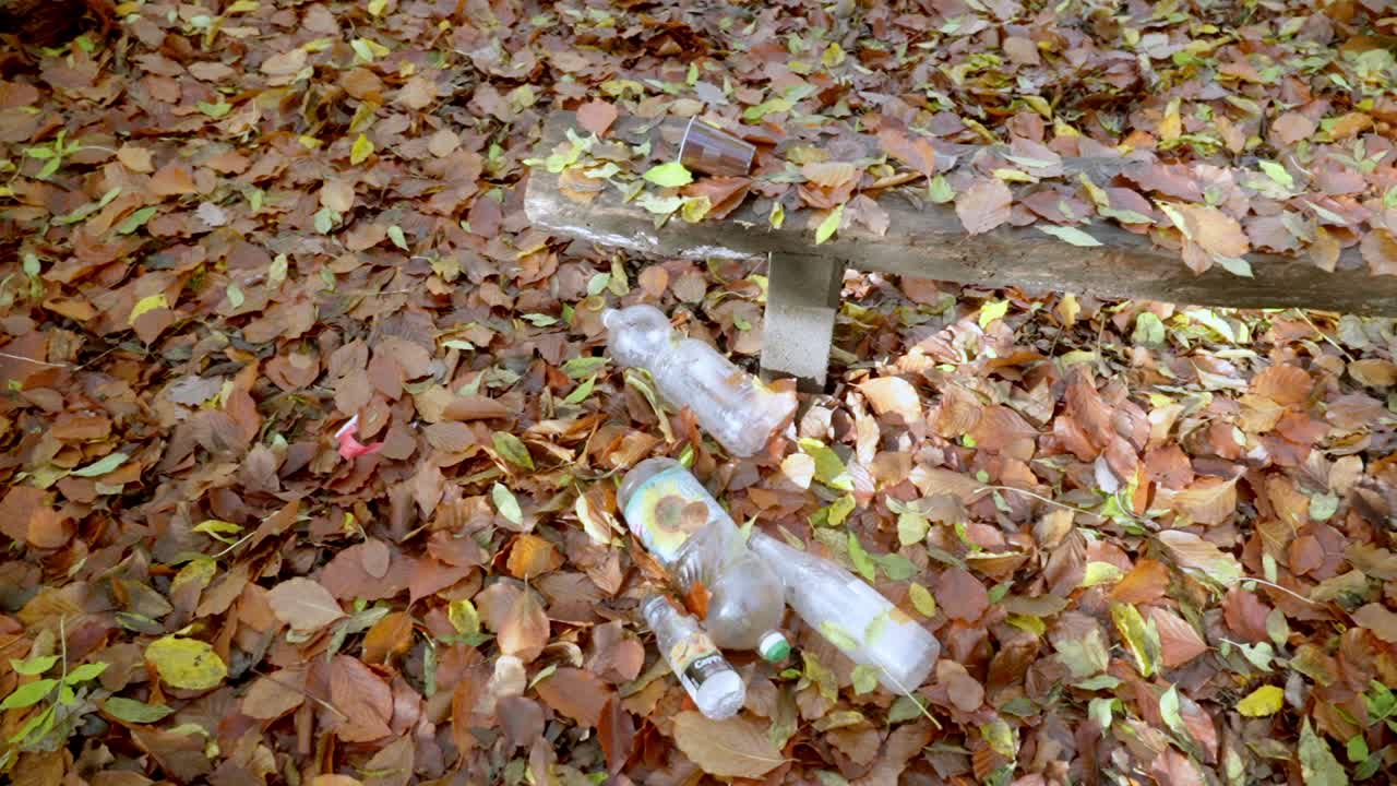 Plastic bottles and litter scattered among autumn leaves in a forest
