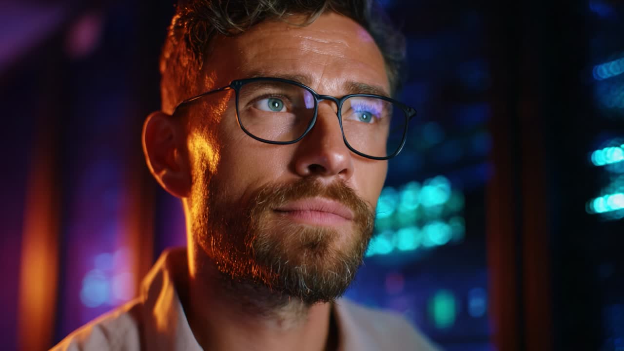 A Focused Individual Observing Digital Innovations Behind His Computer Screen, Capturing Intense Emotions While Surrounded by a Dynamic and Technology-Driven Environment Featuring Colorful Lights