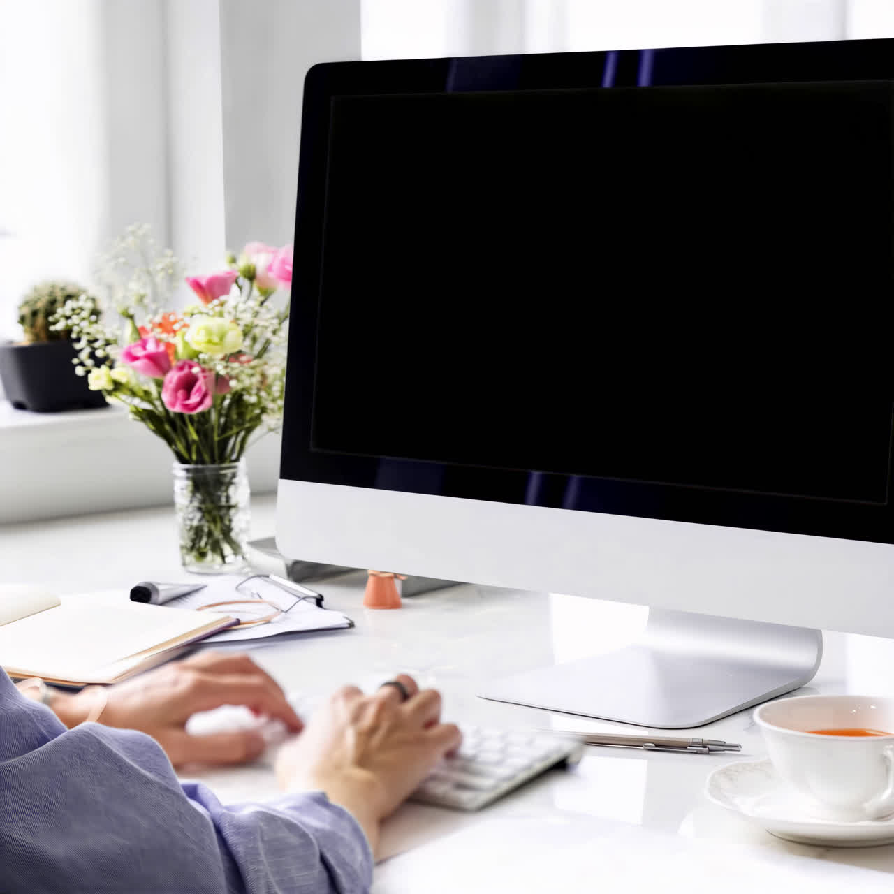 Person working on desktop computer screen live mockup animated overlay, transparent 4K video, alpha