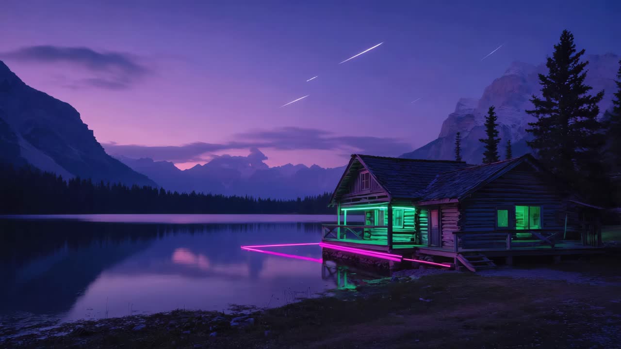 Neon Cabin at Night