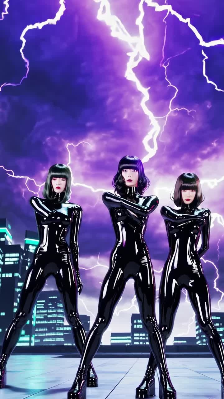 Three women wearing latex costumes are posing with arms crossed under a dramatic lightning storm above a futuristic city at night, creating a powerful and captivating scene
