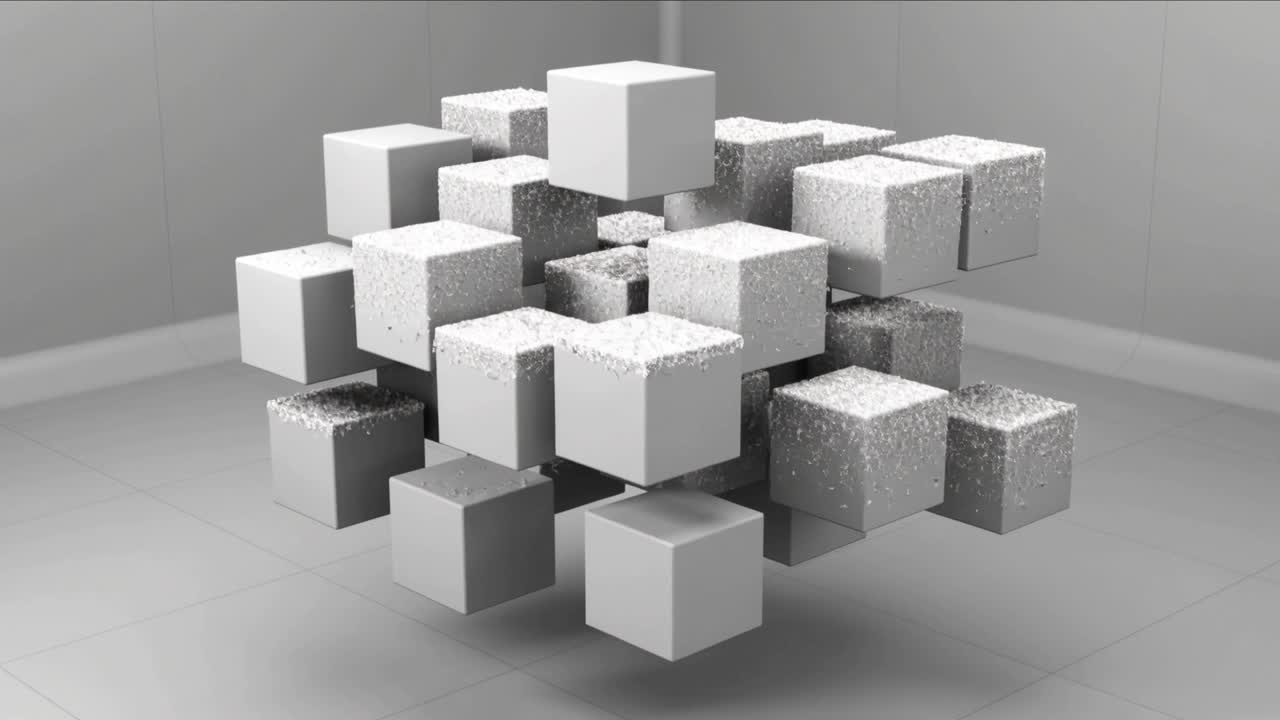 Gruppo di cubi che cambia, particelle che appaiono, cubi che si punteggiano mentre ruotano nell'angolo piastrellato di uno studio