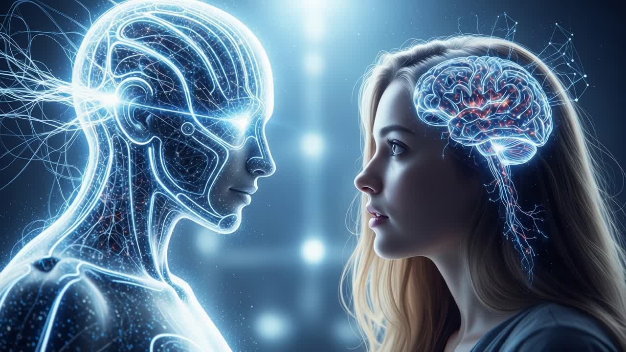 A captivating visual dialogue between a luminous humanoid figure and a woman, showcasing the intricate connections between technology, the human mind, and artificial intelligence
