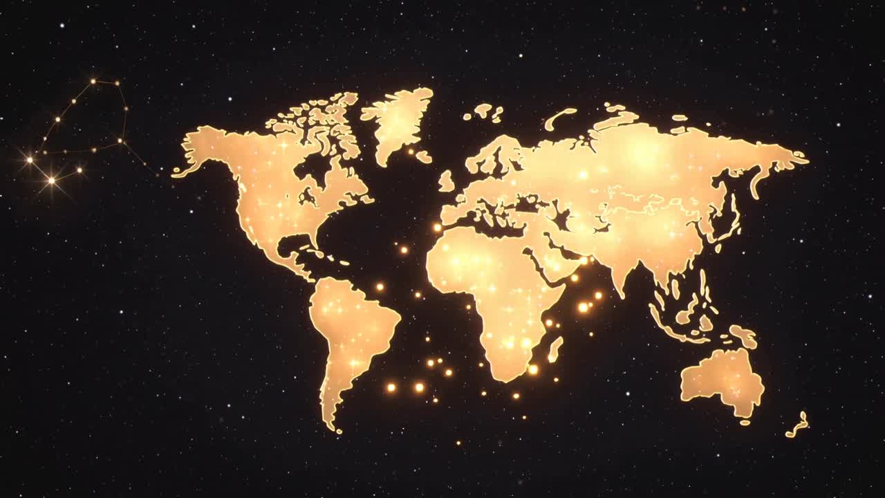 Tracing continents after stars appearing in space, golden outline filling into world map with nodes