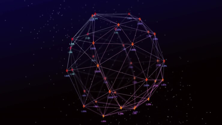 Animation of network of connections with data processing over black background