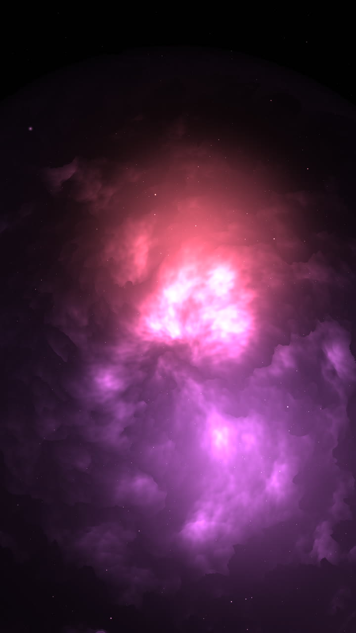 Clipe vertical 4K de alta resolução de uma nebulosa vibrante rosa e roxa brilhando no universo profundo. Perfeito para conteúdo de mídia social etéreo com tema espacial e visualizações científicas