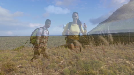 two hikers trekking uphill with poles and backpacks, displaying animated business chart overlay