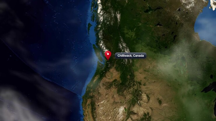 Satellite camera zooms from space into North America to pinpoint Chilliwack, British Columbia, Canada. Includes NASA public domain imagery.