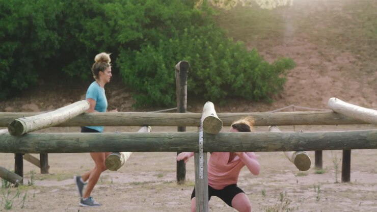 Caucasian woman exercising at bootcamp