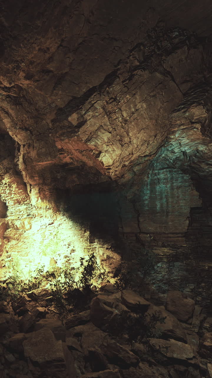 Interno di una grotta con formazioni rocciose e un raggio di luce durante un'esplorazione speleologica
