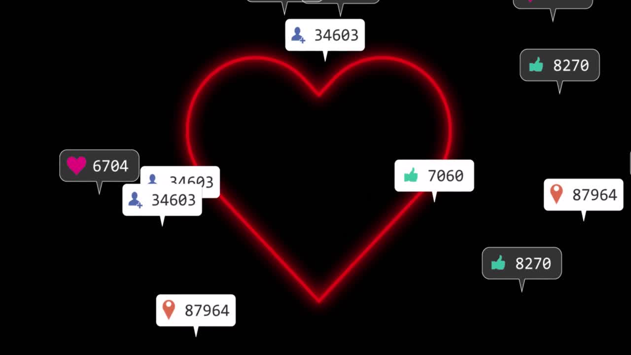 animación de corazón de neón y reacciones en las redes sociales sobre fondo negro